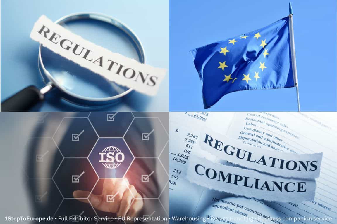 Collage of compliance-themed visuals: EU flag, ISO documents, regulations text, and magnifying glass over “compliance”