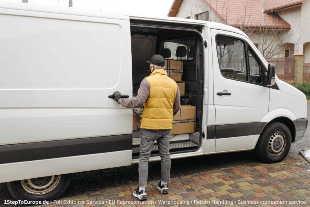 Delivery van with parcels or European map with shipping routes, representing EU-wide sample distribution.
