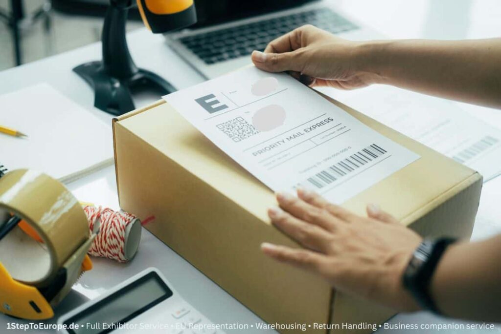 Prepared sample shipment with custom label and flyer, representing professional repackaging and branding.